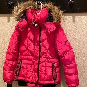 Weatherproof Pink Coat with detachable hood.